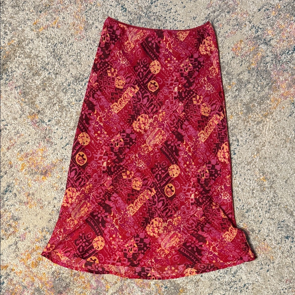 Wanted Red and Orange Patterned Midi Skirt S-M